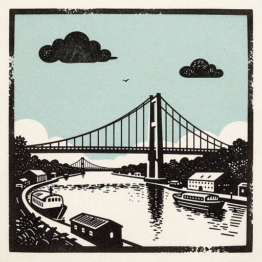 Deco Linocut Riverfront Bridge Scene