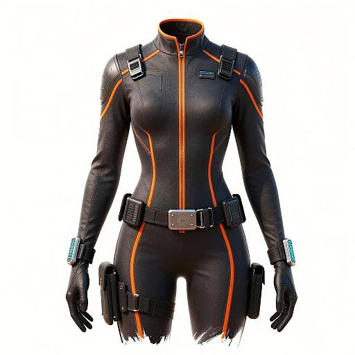 Photograph of a form-fitting, black tactical bodysuit with orange accents, zip-up collar, multiple black straps, belts, and pouches