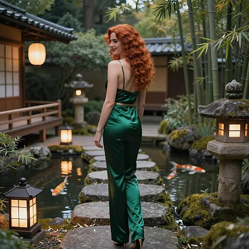 Elegant Woman in Moonlit Kyoto Garden