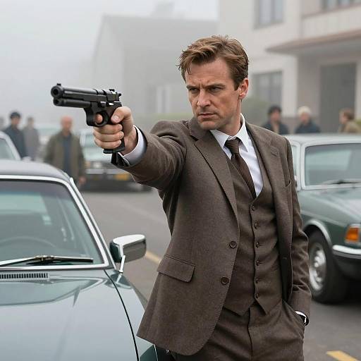 Intense Man with Gun on Foggy Street