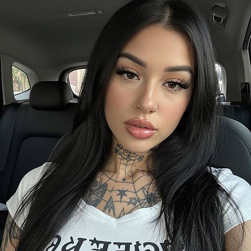 Photograph of a Latina woman with long black hair, nose ring, and extensive chest tattoos, wearing a white shirt, sitting in a car.