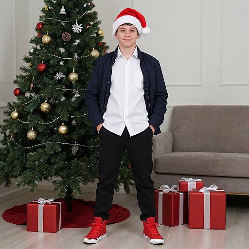 Young man in white shirt, black blazer, and red sneakers, wearing Santa hat, stands before decorated Christmas tree with gifts. Photograph.