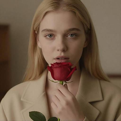 Blonde Woman with Rose in Beige Coat