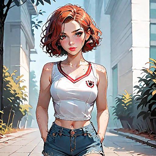 Freckled Redhead Woman in Casual Summer Outfit