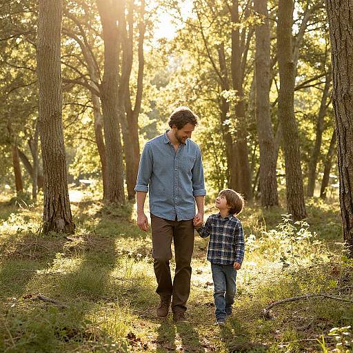 Photograph of a father and young son holding hands in a sunlit forest, wearing casual shirts and pants, sunlight filtering through trees.
