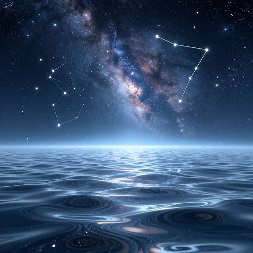 Digital art of a cosmic night scene featuring the Milky Way, constellation lines, and a glowing horizon over rippling ocean water.