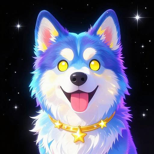 Digital illustration of a blue and white fluffy dog with glowing yellow eyes, a gold star collar, and a happy expression against a starry black background.