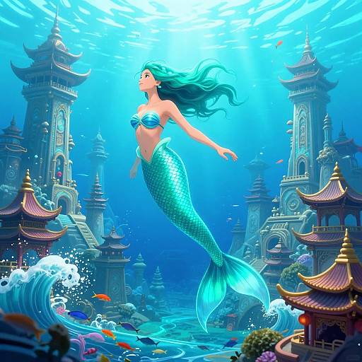 Digital illustration of a turquoise mermaid with flowing green hair, swimming through an underwater scene with colorful fish, waves, and ornate, Asian-style pag