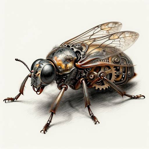 Digital illustration of a steampunk fly with intricate gears, mechanical parts, and transparent wings, detailed in black, gold, and metallic shades.