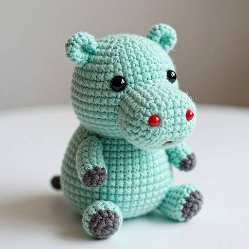 Photograph of a handmade, mint-green crochet teddy bear with black eyes, red nose, and gray paws and feet, sitting on a white