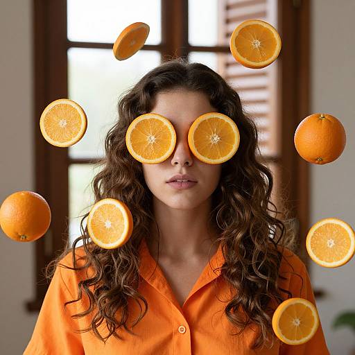 Young Woman Surrounded by Oranges