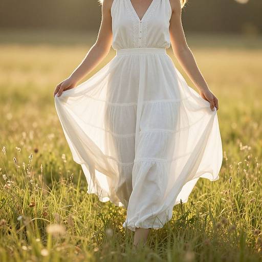 Photograph of a woman in a sleeveless, white, V-neck, knee-length dress, holding out the skirt, standing in a sunlit grass