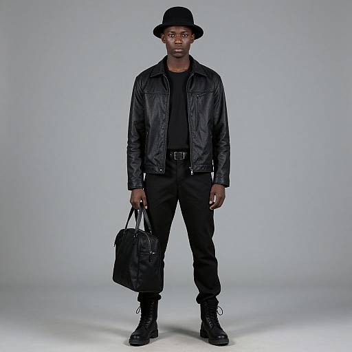 Photograph of a young Black man in a black leather jacket, black pants, boots, black hat, and carrying a black bag. Plain gray background