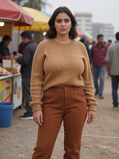 Photograph of a young woman with dark hair, wearing a beige knit sweater and brown pants, standing in a busy outdoor market with colorful food stalls and