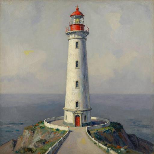 Painting of a tall, white lighthouse with a red roof and top, standing on a rocky coastline with a path leading to it, under a