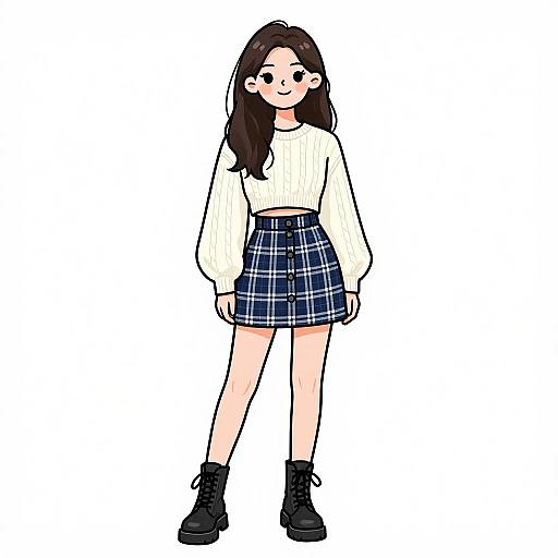 Digital drawing of a young woman with long brown hair, wearing a white ribbed sweater, blue plaid skirt, black lace-up boots, and smiling