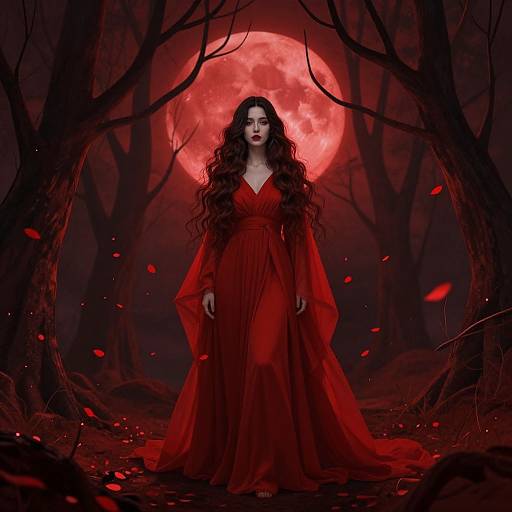 Digital artwork of a pale-skinned woman with long, wavy black hair, wearing a red dress, standing in a dark, eerie forest with a