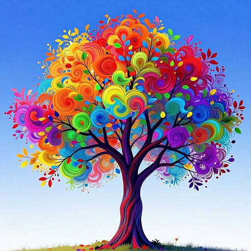 Vibrant digital illustration of a tree with swirling, colorful leaves in red, orange, yellow, green, blue, and purple, set against a