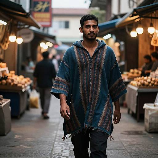 Man in ethnic poncho walking through market