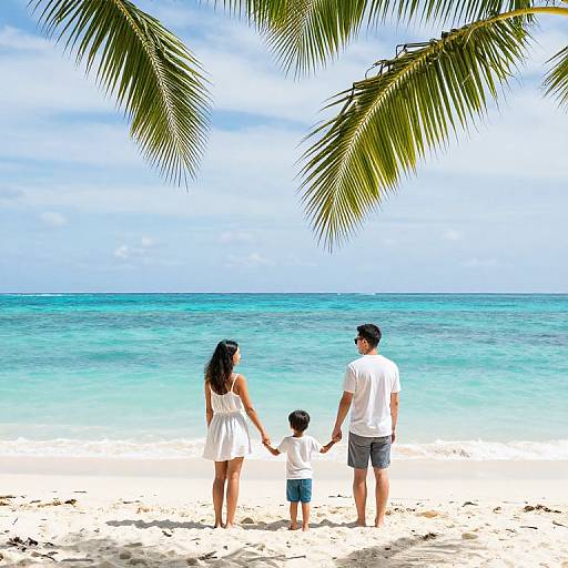 Photograph of a family standing on a tropical beach, holding hands, facing turquoise ocean; mother, father, and child in white clothes, palm fr