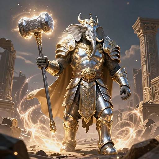 Digital art of a towering, armored elephant warrior wielding a glowing hammer, surrounded by fiery sparks, in a ruined, ancient cityscape.
