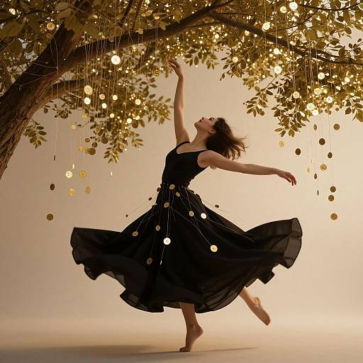 Photograph of a woman in a black, sleeveless dress, dancing barefoot under a tree with glowing, golden leaves. Her arms reach upward,