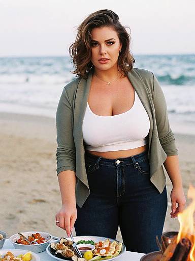 Photograph of a curvy woman with medium brown skin and wavy brown hair, wearing a white crop top, green cardigan, and black jeans