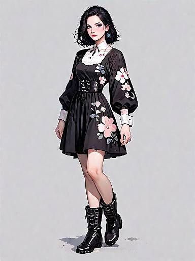 Bohemian Woman in Black Floral Dress