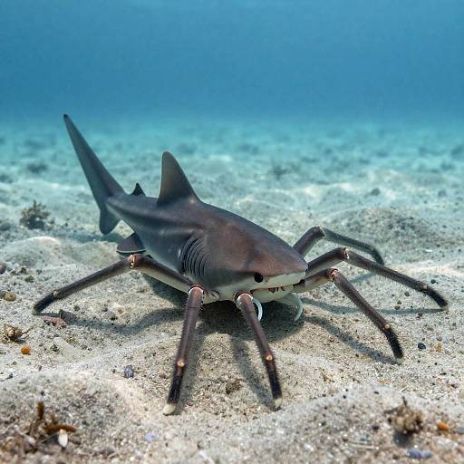Photograph of a shark-like fish with spider legs, swimming on a sandy ocean floor under clear blue water.