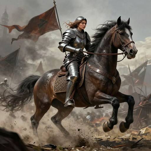 Digital painting of a fierce, armored woman riding a galloping black horse, holding a flag, amidst a chaotic battlefield with smoke and scattered debris.