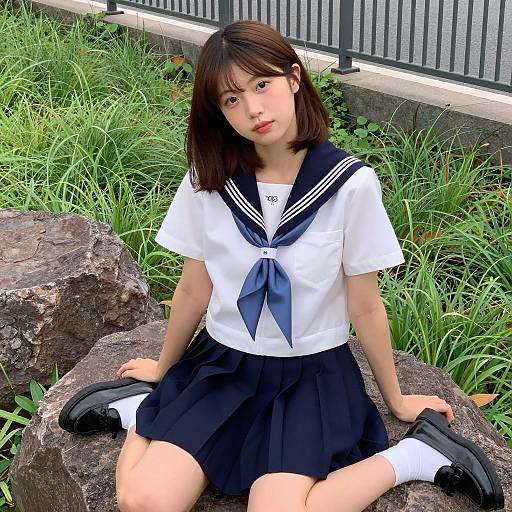 Japanese Schoolgirl by a Rock in Nature