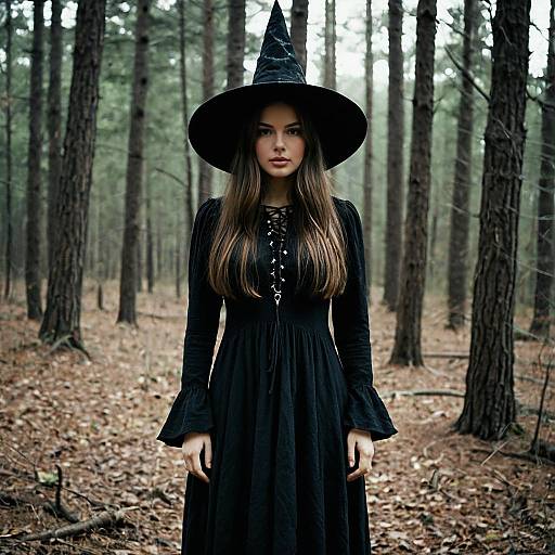 Young Woman in Witch Costume Standing in Forest