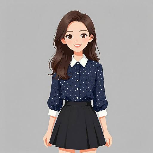 Digital anime-style drawing of a smiling young woman with long brown hair, wearing a navy polka-dot blouse and black skirt, against a light blue background