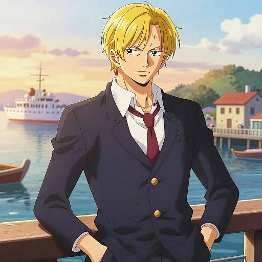 Anime-style digital drawing of a blonde man with blue eyes, wearing a dark blazer, red tie, and white shirt, leaning against a wooden railing