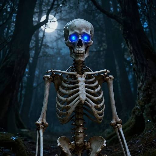 Photograph of a glowing blue-eyed skeletal figure standing in a dark, foggy forest at night, with a full moon in the background.