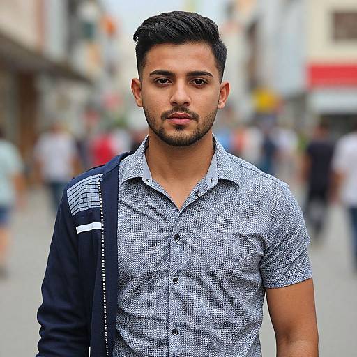 Photograph of a handsome, young, dark-haired man with a short beard, wearing a checkered shirt and black bag, standing in a bustling urban
