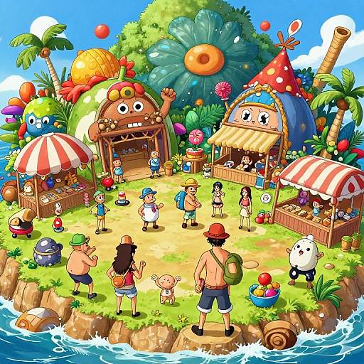 Vibrant digital illustration of a whimsical island market with colorful buildings, playful characters, umbrellas, and lush greenery, surrounded by a blue