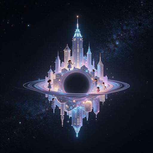 Digital art of a glowing, futuristic city with skyscrapers around a black sun, surrounded by rings, mirrored in space.