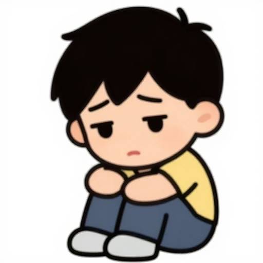 Cartoon boy with black hair, yellow shirt, blue pants, and white shoes, sitting with knees up, looking sad. Simple, colorful, digital