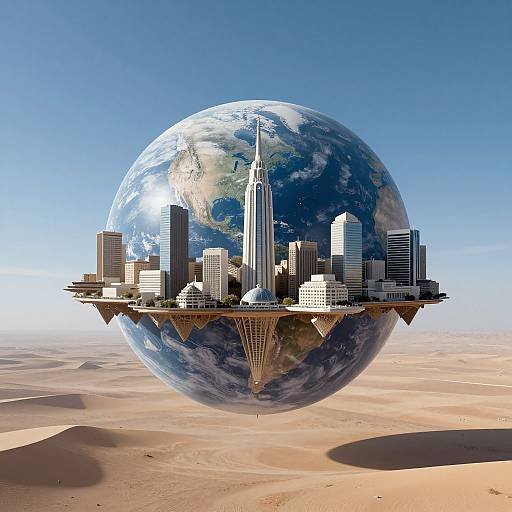 Photorealistic CGI of a futuristic cityscape floating on a spherical Earth, set against a clear blue sky and sandy desert below.