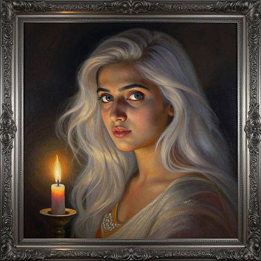 Digital painting of a young woman with long, wavy white hair, illuminated by a candle, framed in an ornate silver frame.