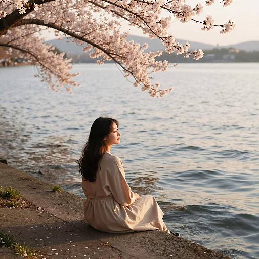 Photograph of a woman with long dark hair in a beige dress, sitting by a lakeside, surrounded by pink cherry blossoms.