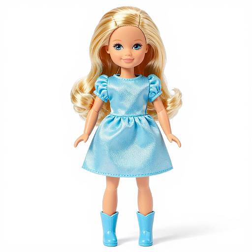 Photograph of a blonde-haired doll with blue eyes, wearing a shiny blue dress and matching blue boots, standing against a white background.