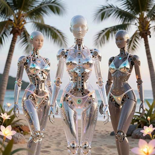 Photorealistic CGI of three shiny, metallic, female humanoid robots with glowing blue accents, walking on a sandy beach with palm trees and flowers in the