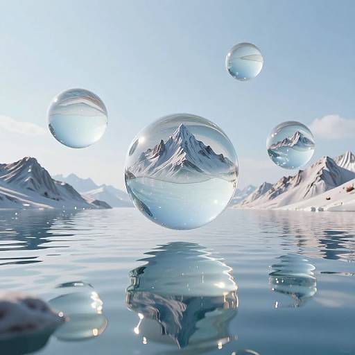 Photograph of clear water droplets floating on a reflective surface, each containing a mirrored image of snowy mountain peaks under a bright blue sky.