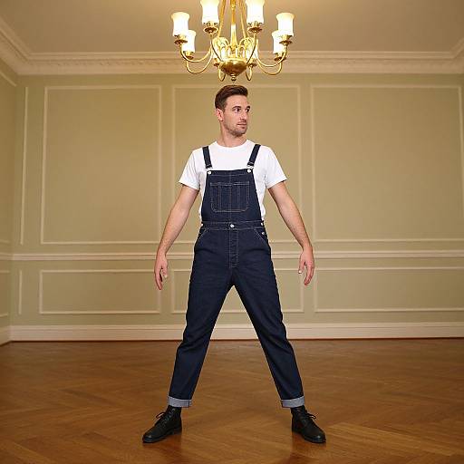 Photograph of a man with short brown hair, white t-shirt, and dark blue overalls, standing in an elegant room with a chandelier,