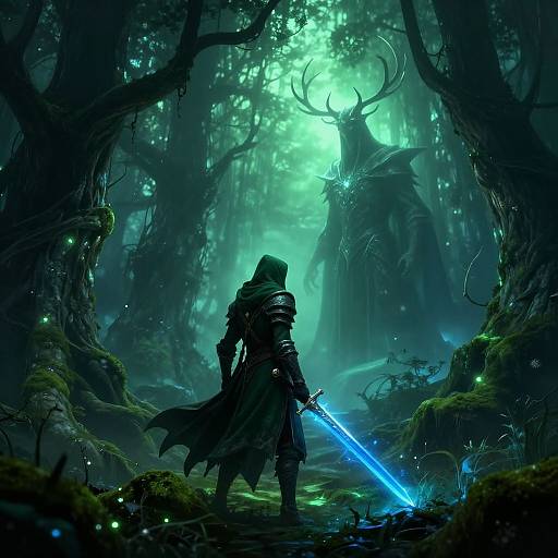 Digital fantasy artwork: A hooded warrior with glowing blue sword faces a towering, horned forest creature in a mystical, glowing green forest.