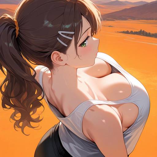 Anime Girl with Wavy Hair and White Tank Top Outdoors