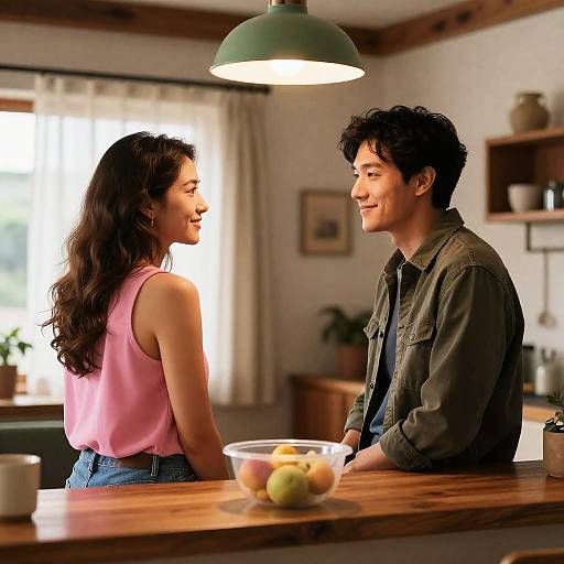 Cozy Moment: Couple at a Wooden Counter
