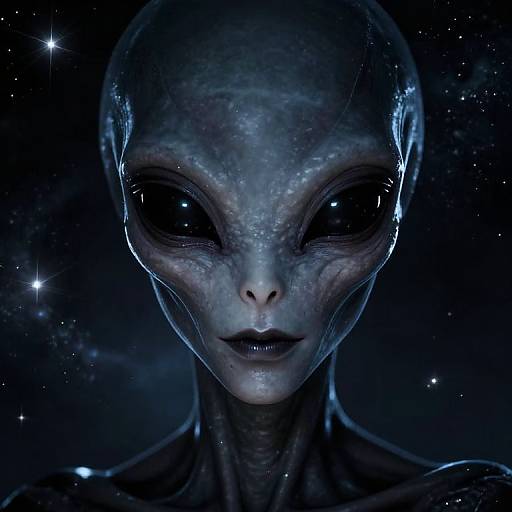 Digital CGI of a glowing, alien creature with large black eyes, textured blue skin, and a starry background, exuding a mysterious, otherworld